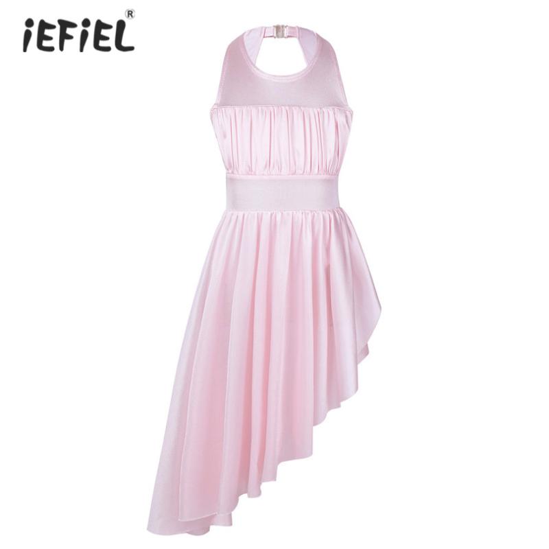 

Kids Girls Sleeveless Ballet Dress Ruched Cutout Back with Clasp Irregular Hem Beautiful Ballet Dance Gymnastics Leotard Dresses, Pink