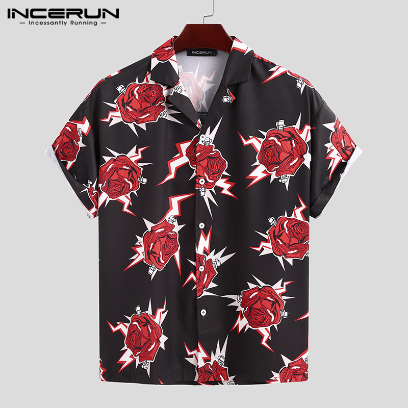 

INCERUN Fashion Men Printed Shirt Short Sleeve Casual Lapel Streetwear 2020 Vacation Camisas Chic Summer Men Hawaiian Shirts 5XL, Black