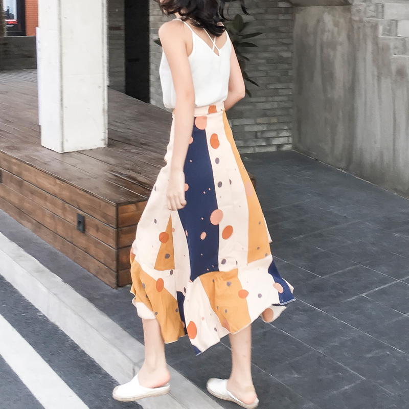 

White Dots Floral Midi Skirt Women Elastic High Waist Side Pockets Skirts Summer 2020 Elegant Female Bottom, Burgundy