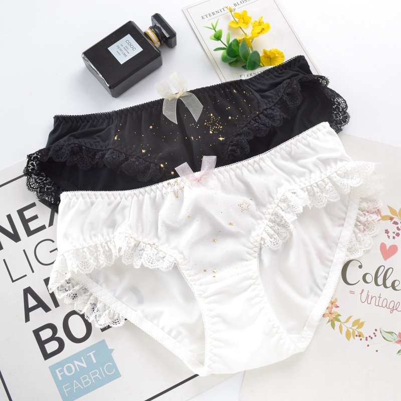 

Women's ruffled panties sweet japan style star print milk silk female underwear satin girls briefs, Pink