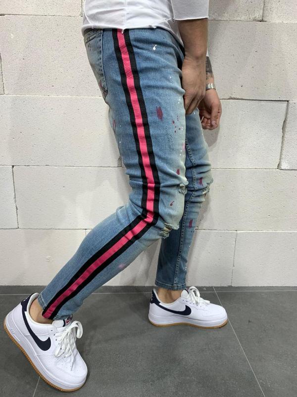

Blue Paint Splatter Special Design Mens Jeans With Striped, As pic
