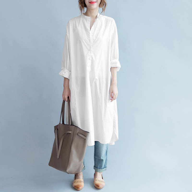 

Women Blouse Shirts Cotton Long Tunics Pure Color Tops O Neck Long Sleeve Buttons Irregular Split Hem Pocket Blouse Large Size, Blue