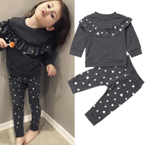 

Autumn Cute Toddler Kids Baby Girls Clothes 2PCS Long Sleeve Ruffles Heart Print Pullover Tops+Pants Outfit 0-4Y, As pic