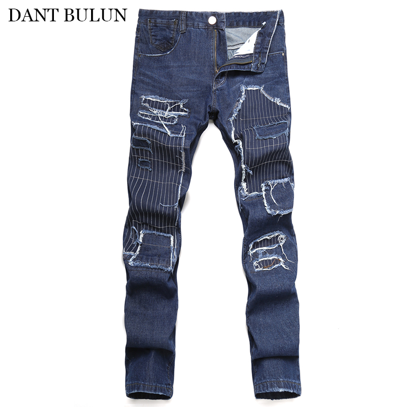 

Men's Jeans Distressed Destoryed Patch Jean Patchwork Slim Fit Denim Skinny Pants Black Trousers Blue Casual Ripped Jeans, Blue33