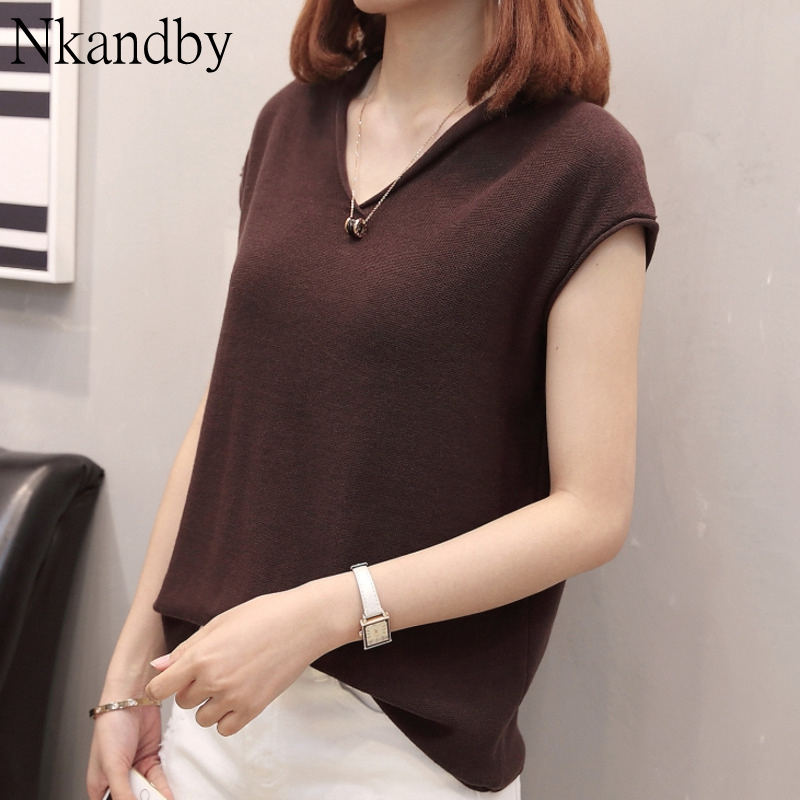 

Plus Size V Neck Knitted Tops & Tees For Women Summer Fashion Loose Short Sleeve Vintage Solid Color T-shirt Oversized Clothes, Black