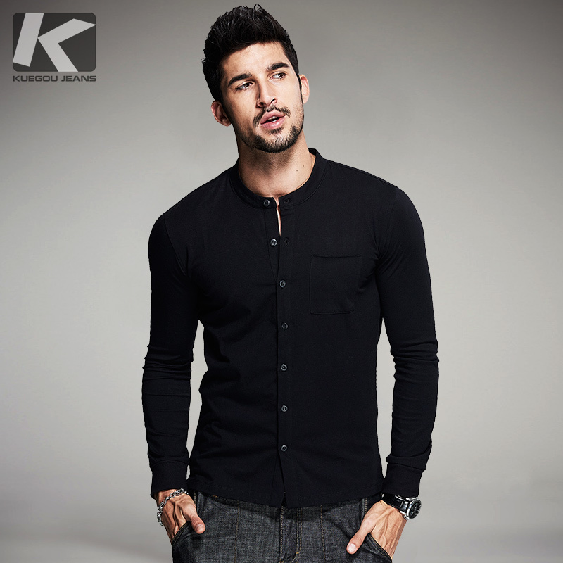 

KUEGOU 2019 Autumn Button Cotton Plain White T Shirt Men Tshirt Brand T-shirt Long Sleeve Tee Shirt Casual Clothes Plus Size 765 MX200611, Black