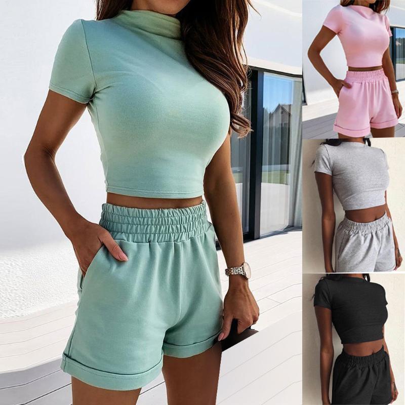 

2020 Women Solid Sporting Casual Two Piece Set Short Sleeve Tee Top Above Knee Pants Suit Tracksuit Outfit Ropa De Mujer #T2G, Gray