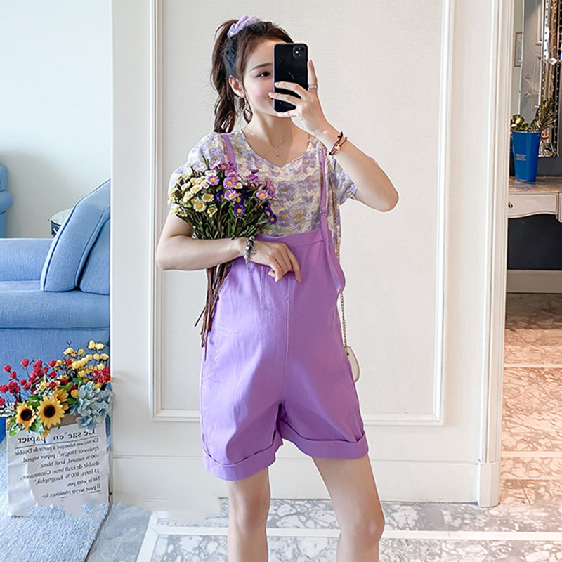 

6101# Cotton Maternity Bib Shorts + Print Tees Summer Short Pants for Pregnant Women Korean Fashion Pregnancy Jumpsuits Overalls, Lavender