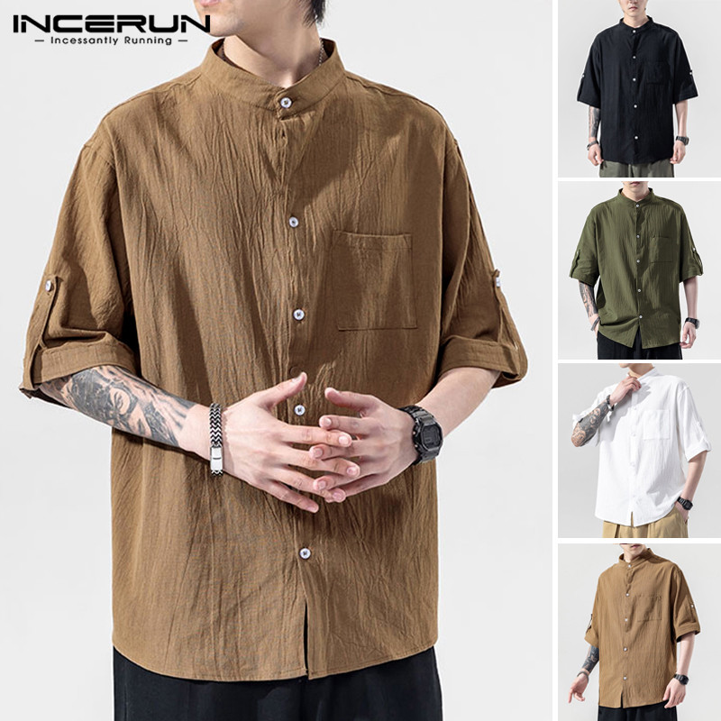 

INCERUN 2020 Summer Men Solid Color Shirt Cotton Stand Collar Short Sleeve Streetwear Japanese Blouse Casual Hombre Tops S-5XL, White