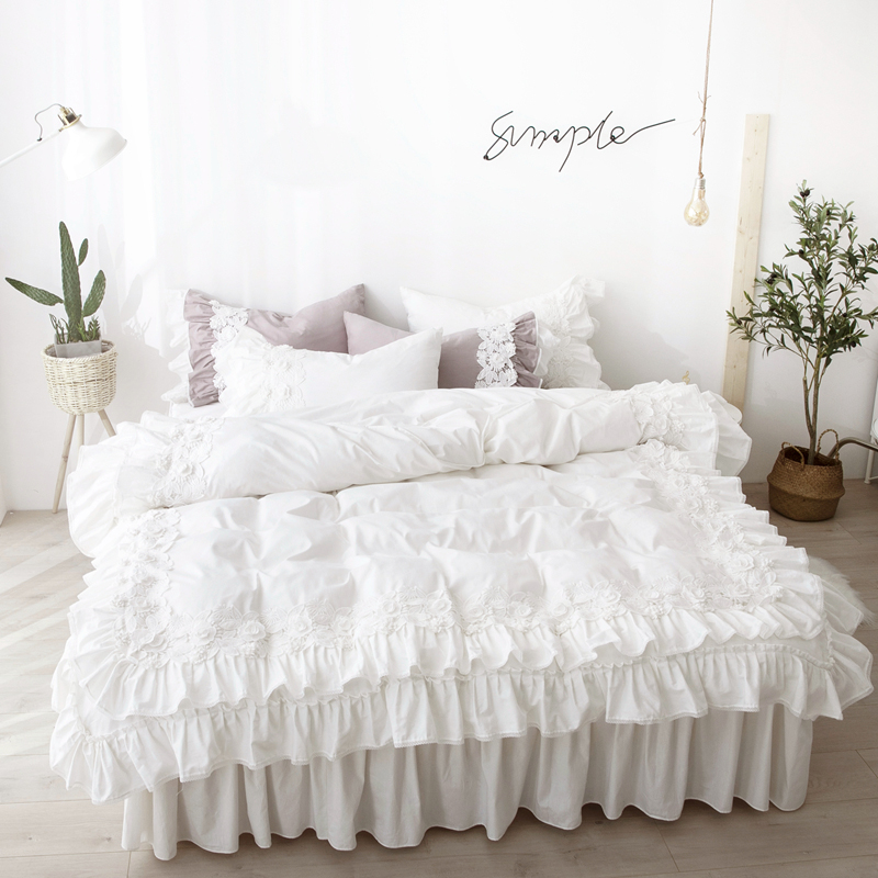 

TUTUBIRD-White Pink cotton bedding set girls princess duvet cover  king size embroidery Korean style bed linen, 01