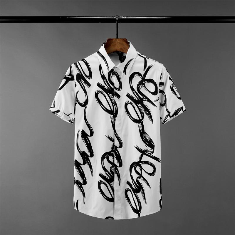 

New 100% Cotton Mens Shirts Luxury Hand-painted Printing Short Sleeve Men Shirt Plus Size 4xl Slim Fit Casual Man Shirts, White