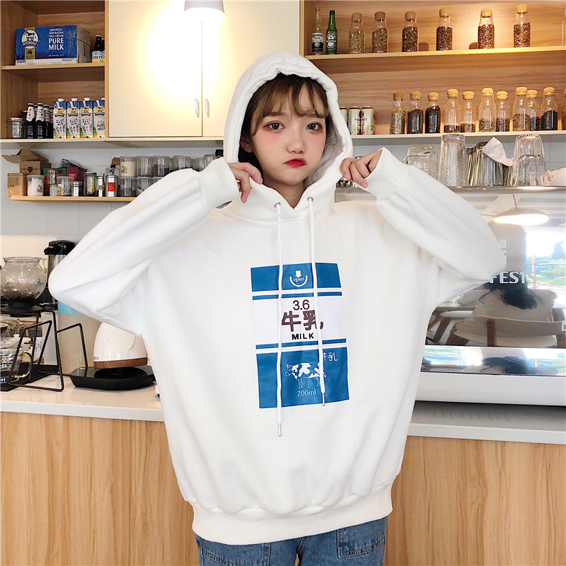 

Harajuku Fashion Plus Velevt Women Hoodies Sweet Cute Cow Milk Box Strawberry Printing Girls Sweatshirt Casual Loose Pullovers, Pink strawberry