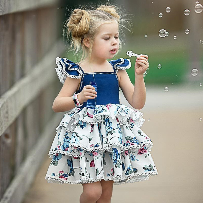 

Exquisite and elegant girl clothing Fashion flower girls dress Cute Layered dress Flying sleeve vest girl dresses Kids clothes, Blue