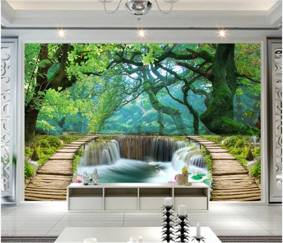 

3D mural wallpaper custom photo Beautiful green tree forest flowing water scenery background modern wall murals wallpaper for walls 3 d, Non-woven