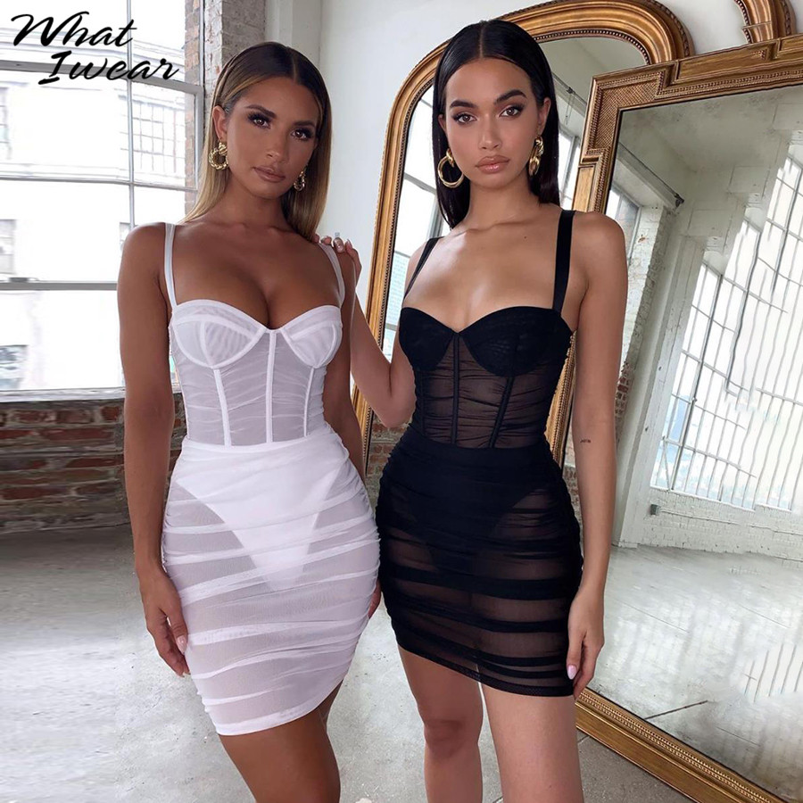 

Women see through mesh Sexy Dresses Sleeveless strapless Bodycon Dress Fashion elegant sheath Club Party new autumn, Black