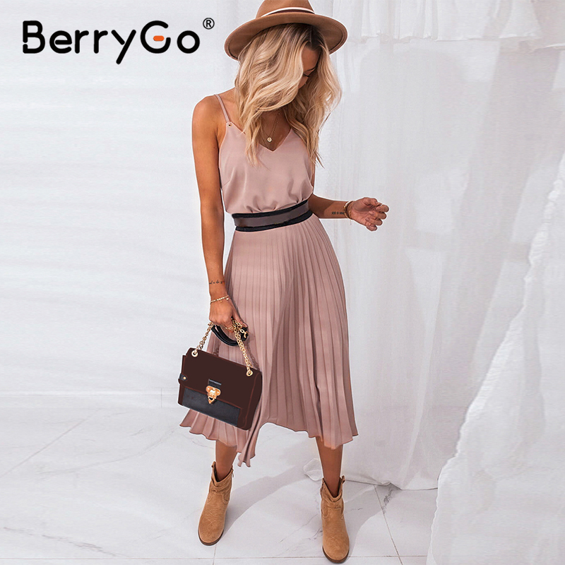 

BerryGo Sexy spaghetti strap summer dress women A-line hot pink female pleated midi dress Casual office ladies party dresses, Red