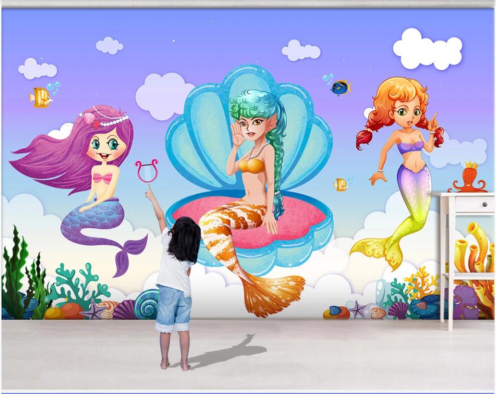 

3d wallpaper custom photo mural Cartoon fantasy mermaid shell coral children's room home decor 3d wall murals wallpaper for living room, Non-woven