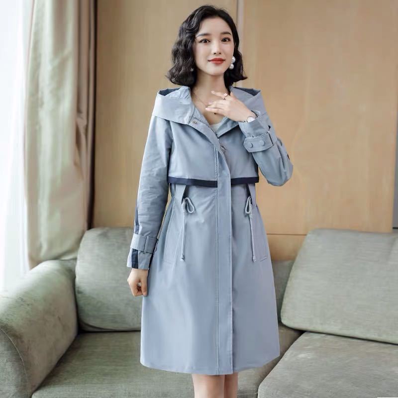

2020 New Spring Autumn Women Long Sleeve Hooded Outerwear Long Trench Coat Female Korean Loose Drawstring Elasted Waist CoatS191, Blue