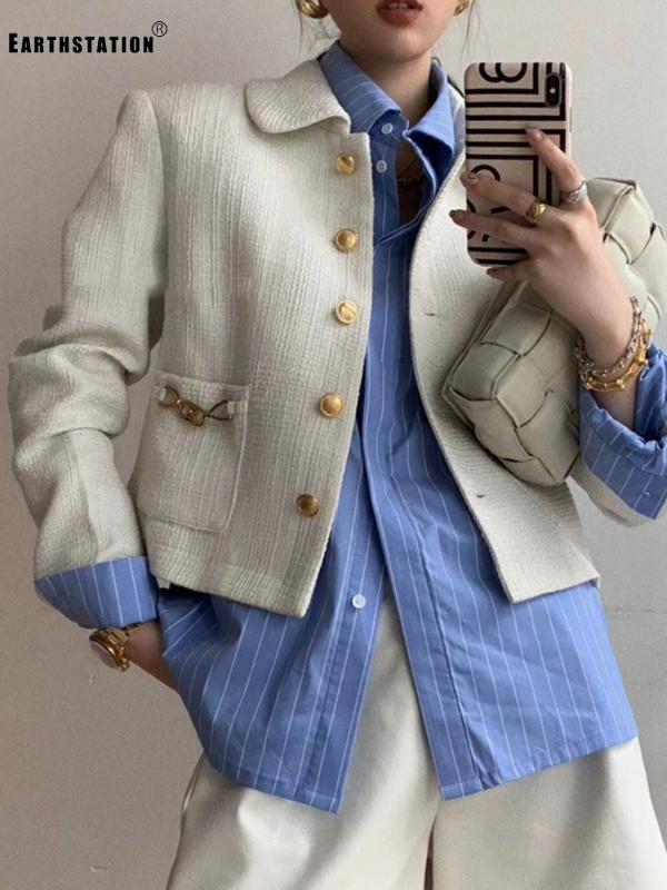 

Free shipping lapel single row metal buttons small fragrance style tweed short coat ladies autumn new fashion all-match, Beige