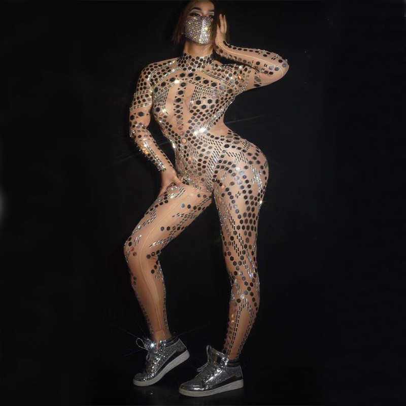 

New Women Sexy Mesh Mirrors Dress Sexy Sequins Big Stretch Costume Stage Dance Wear Girl Evening Birthday Celebrate Dress, Black