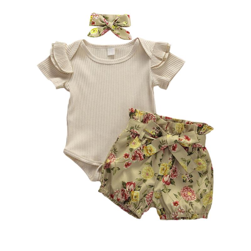 

3PCS Newborn Baby Girls Clothes Cotton Romper Top Pants Shorts Summer Outfits Casual Set, As pic