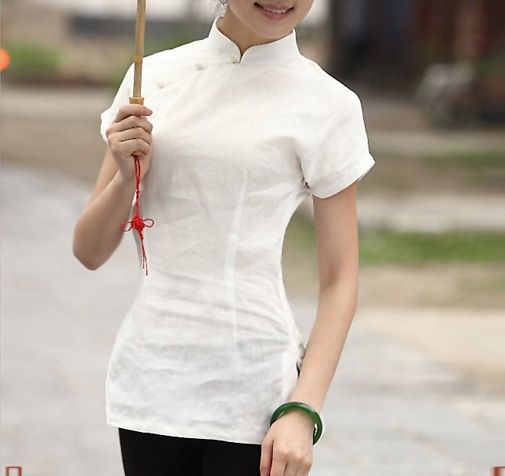 

Shanghai Story woman' Short Sleeve chinese traditional top Qipao Shirt chinese style Top White cheongsam Linen blouse