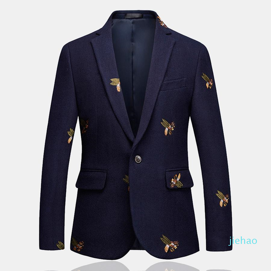 

Fashion- Mens One Button Blazer Bee Embroidery Wedding Smart Casual Slim Fit Jacket High Quality Big Size 6XL Navy Blue Clothes Male