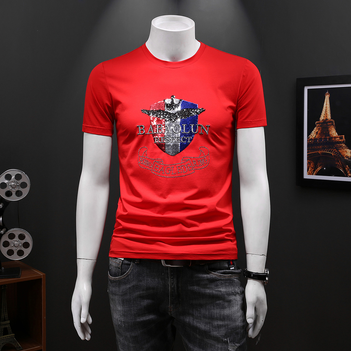 

2020 new red mercerized cotton trend embroidery short-sleeved T-shirt men's Korean half-sleeved shirt plus size t-shirt clothes, White