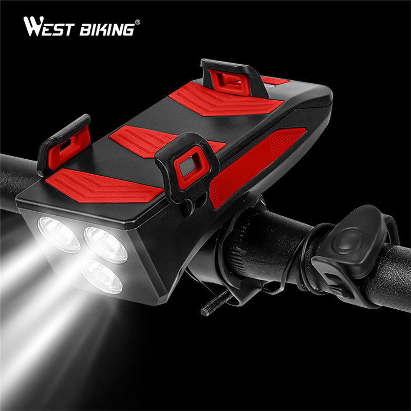 

WEST BIKING 400 lumen Bike Light USB Charging Phone Holder Bicycle Light Power Bank Bell 4 In 1 Bicycle Front Waterproof