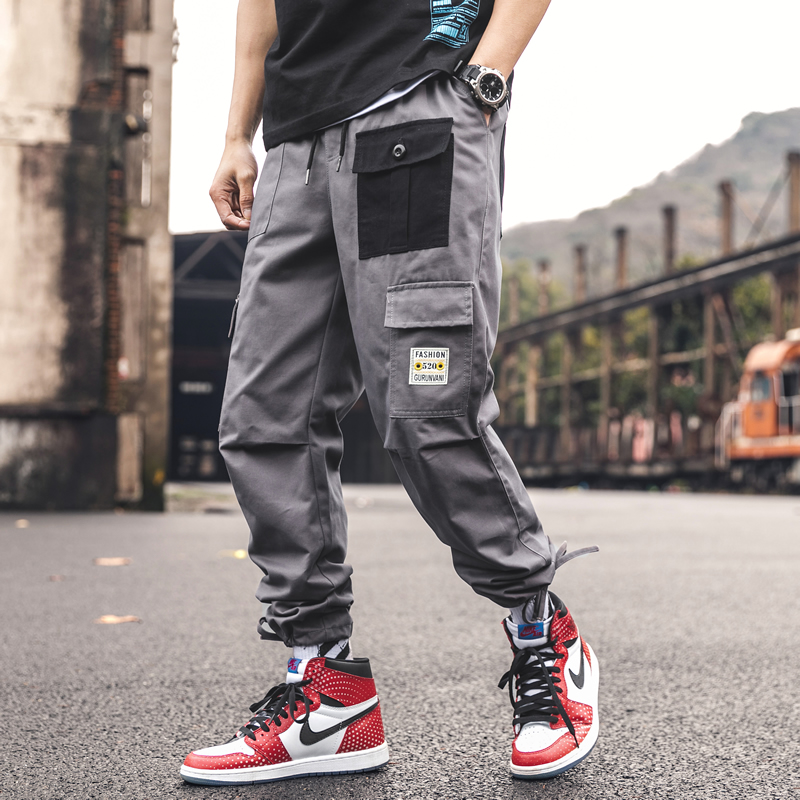

New Autumn Hip Hop Joggers Men Oversize overalls Multi-pocket Ribbons Man Sweatpants Streetwear Breathable Mens Casual Pants, Black
