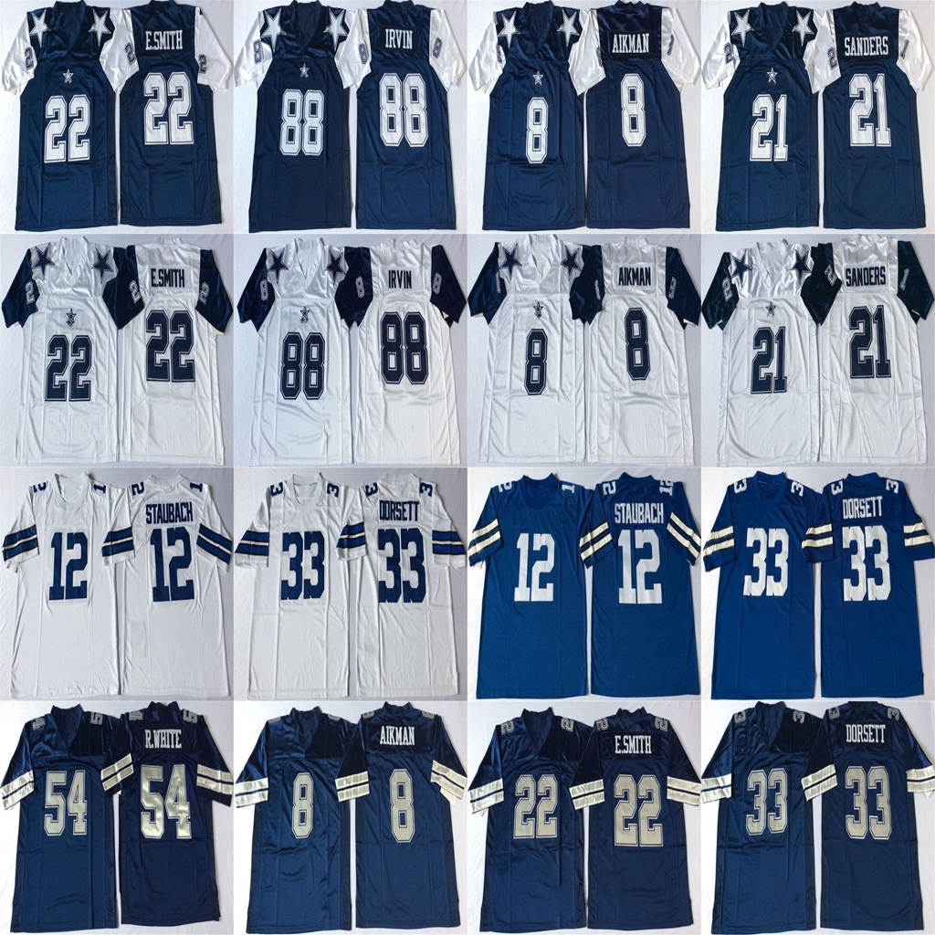 

Troy Aikman Jersey 12 Roger Staubach Deion Sanders 22 Emmitt Smith Tony Dorsett Blue NCAA High Quality Retro Football Jerseys Stitched Mens, White #88