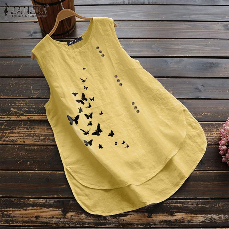 

2020 Summer Women Sleeveless Cotton Linen Blouse ZANZEA Vintage Printed Tanks Tops Blusas Casual Shirts Vests Plus Size Tunic, Pink