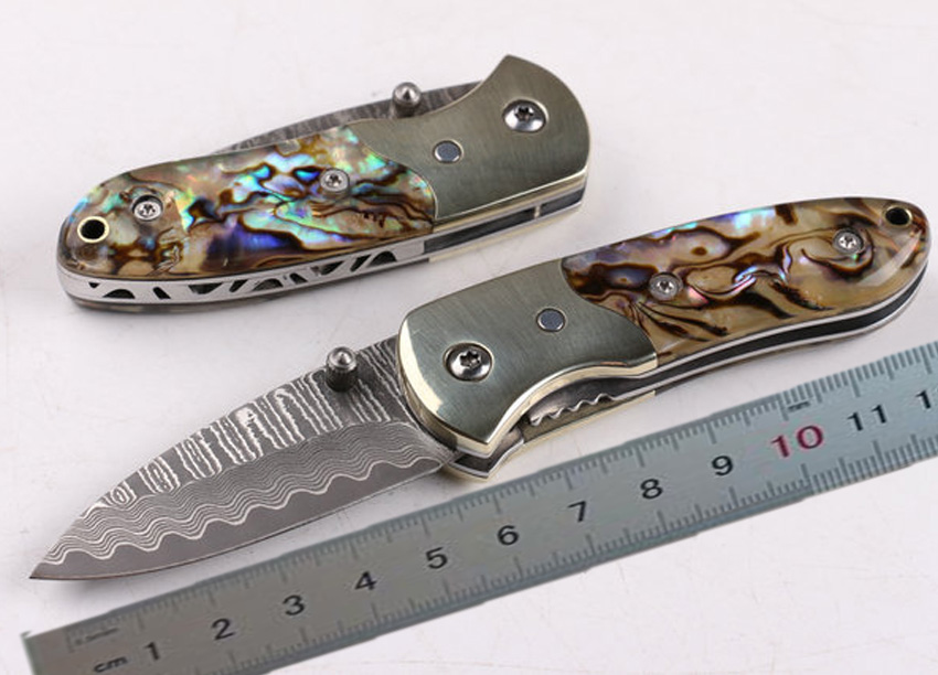 

High Quality Small Folding Knife Damascus Steel Blade Shell + Copper Handle EDC Pocket Knives With Nylon Bag