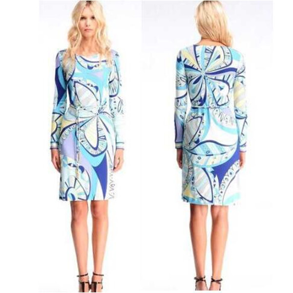 

Luxury Brands 2020 Autumn Jersey Silk Dress Women's Long Sleeve Blue Charming Geometric Print Spandex Stretchable Signature, Customize