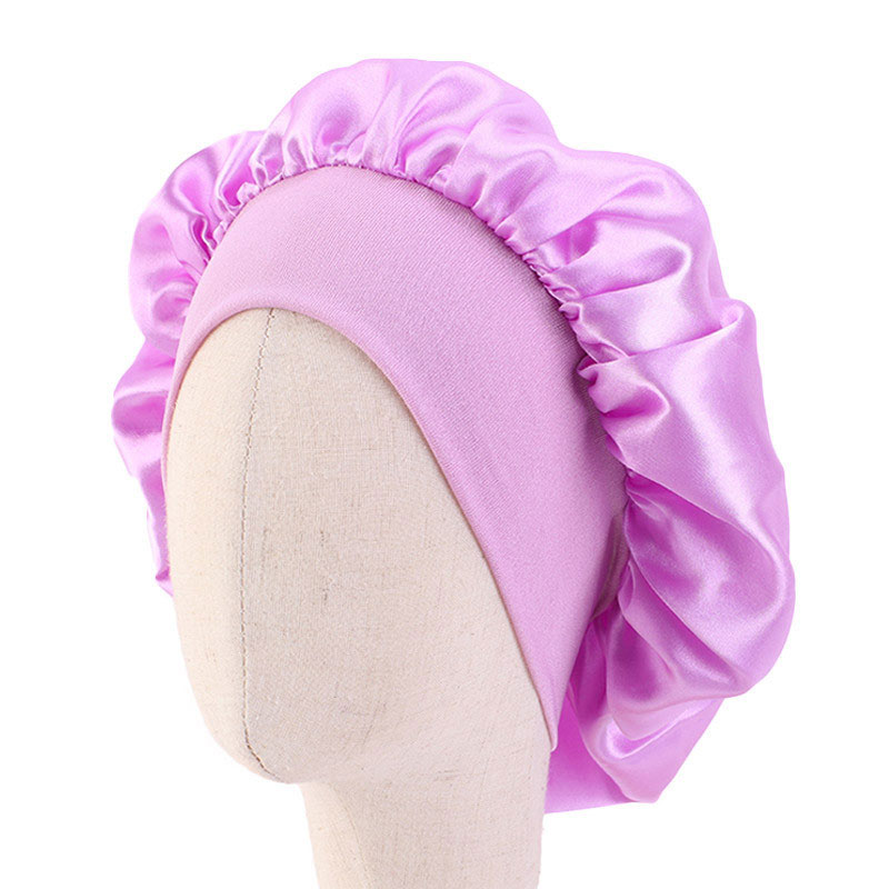 

Kids Satin Bonnet Cap Solid Color Turban Bath Hat Girl's Wide Elastic Band Night Sleeping Beanies