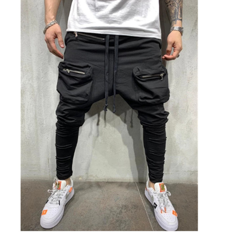 

2020 Man Pants New Fashion Streetwear Stitching Color Joggers Hip Hop Long Pants Men Elastic Waist Multi-pocket jogger, Black