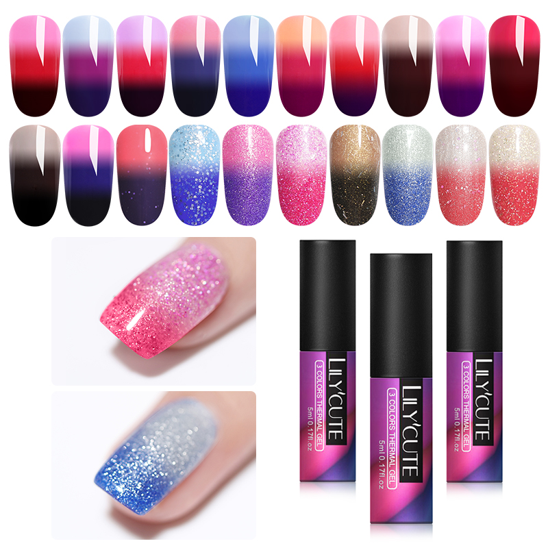 

LILYCUTE 3-layers Glitter Color Changing Thermal Gel Polish Soak Off Nail Art UV Gel Varnish Nail Art Polish, 143