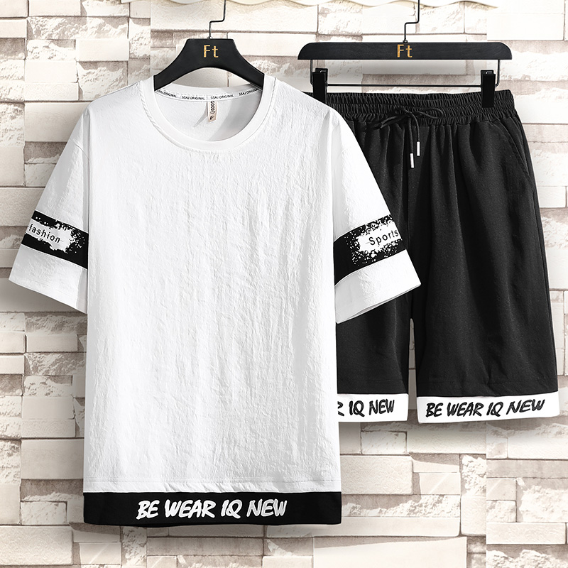 

Summer Pure Cotton Trend Young Casual Men's Loose Short Sleeve T-shirt Shorts Suit Breathable Comfortable Leisure sports suit, Black