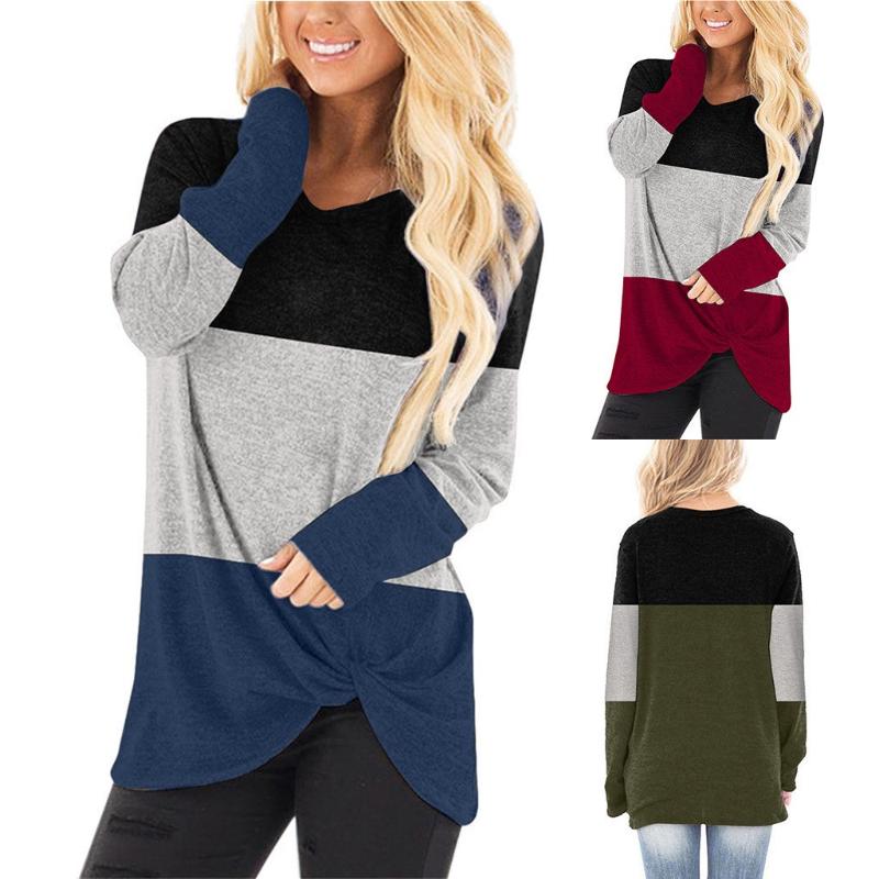 

Fashion Patchwork Knot Blouse Shirt Loose V-Neck Tops Tee Casual Autumn Winter Ladies Female Women Long Sleeve Blusas Pullover, Blue