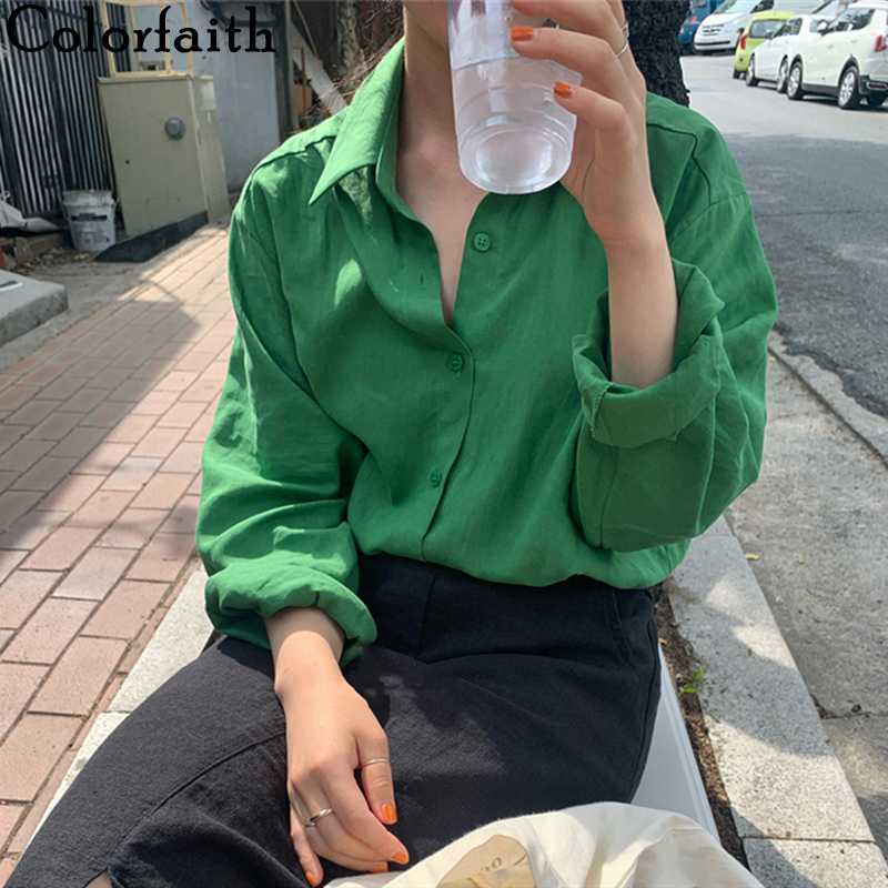 

Colorfaith New 2020 Women Summer Autumn Blouses Shirts Buttons Casual Vintage Cotton and Linen Oversize Office Wild Tops BL1756, Green