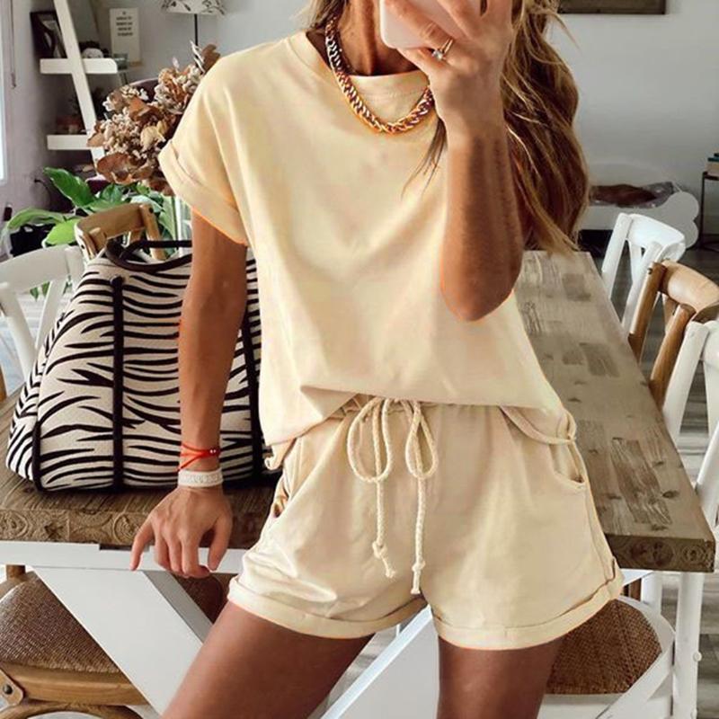 

Casual Solid New Women's Two Piece Suit 2020 Summer Elastic Waist Solid Color Leisure Pajamas Set Women O-Neck 2 Piece Set, Pink