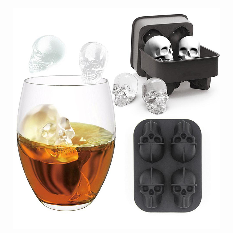 

4 Grids 3D Skull Head Ice Cube Mold Halloween Skull Shaped Whisky Wine Ice Cube Tray Maker Chocolate Mould Bar Party Supplies