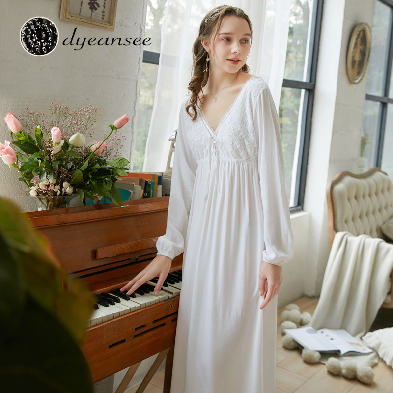 

Dyeansee Vintage White Long Nightgown Women Night Gowns Princess Home Dress Cotton Nightgown V-neck Long Sleeve Home Wear, Black (long sleeve)