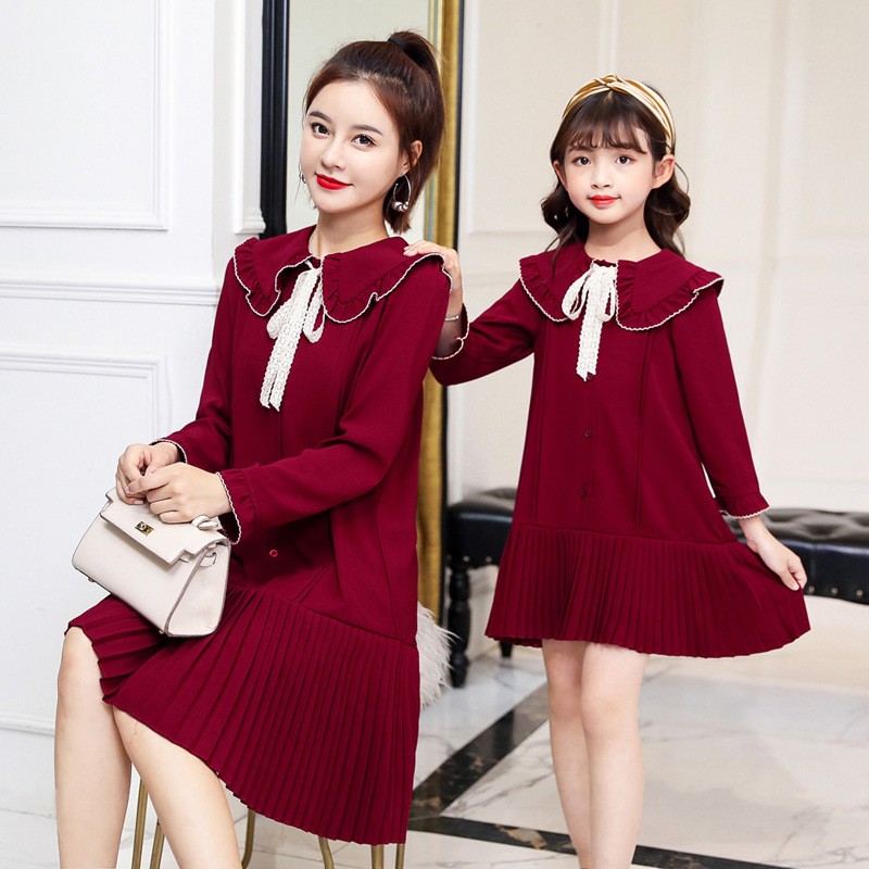 

2020 parent-child autumn new dress Korean version of lotus leaf collar finale mother and daughter skirt mother and daughter, Blue