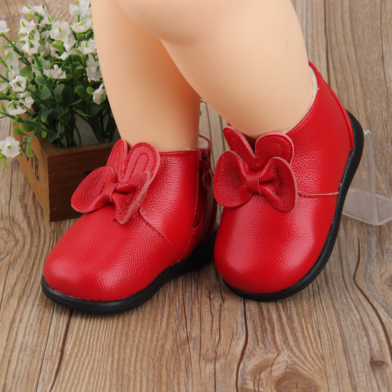 

New Winter Cotton Shoes Baby Girls Toddler Shoes 1-2-3 Years Old Girls Snow Boots Genuine Bow Leather First Walkers, Pink