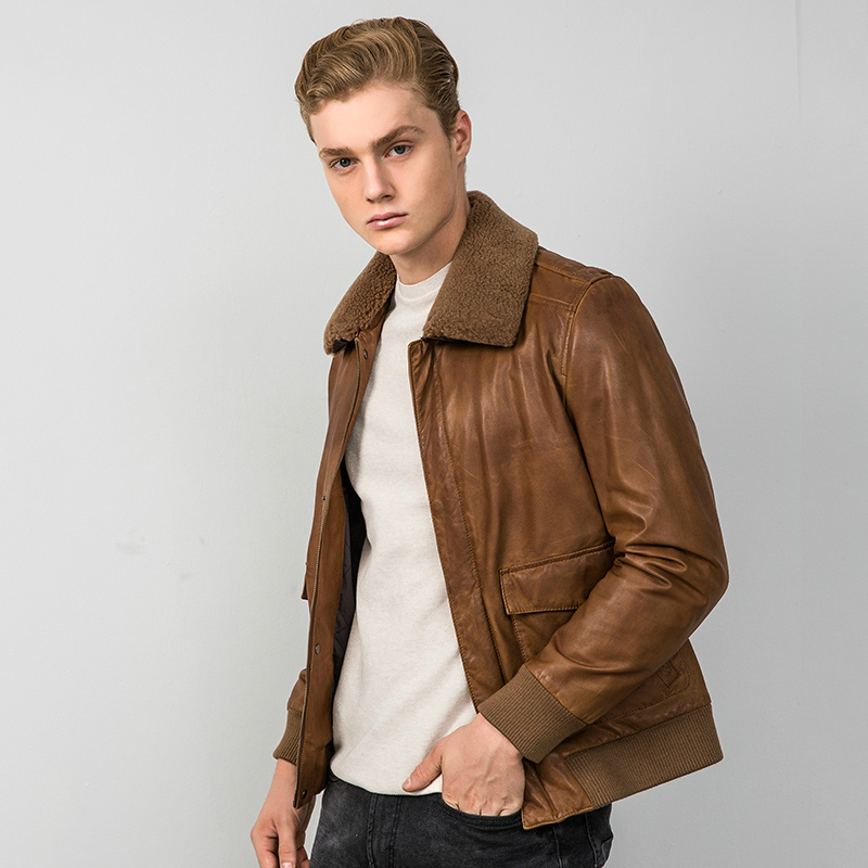 

Mens Lapel First Layer Cowhide Coat Handsome Genuine Leather Jacket Men Lamb Fur Collar Short Motorcycle Leather Jackets, Brown
