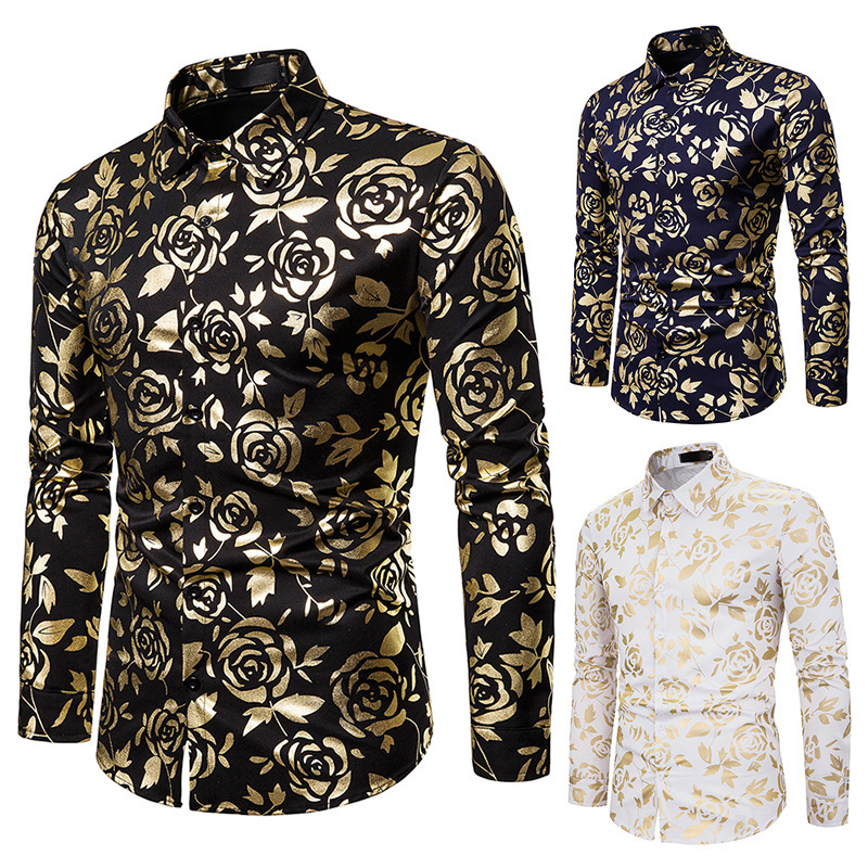 

Nightclub Clothes Men' Lapel Rose Bronzing Printed Slim-Fit Long-Sleeved Flower Shirt mens dress shirts, Black