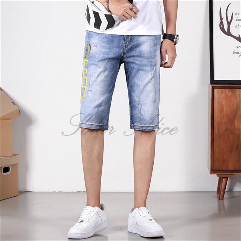 

Free Shipping 2020 Men's Summer New Straight Knee Length Jeans Letter Embroidered Thin Mid-Rise Elastic Shorts, Blue