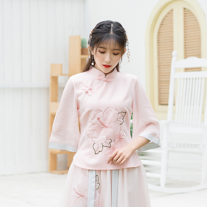 

KYQIAO blusas mujer de moda 2020 cosplay costumes women mandarin collar pink blue white embroidery shirt blouse