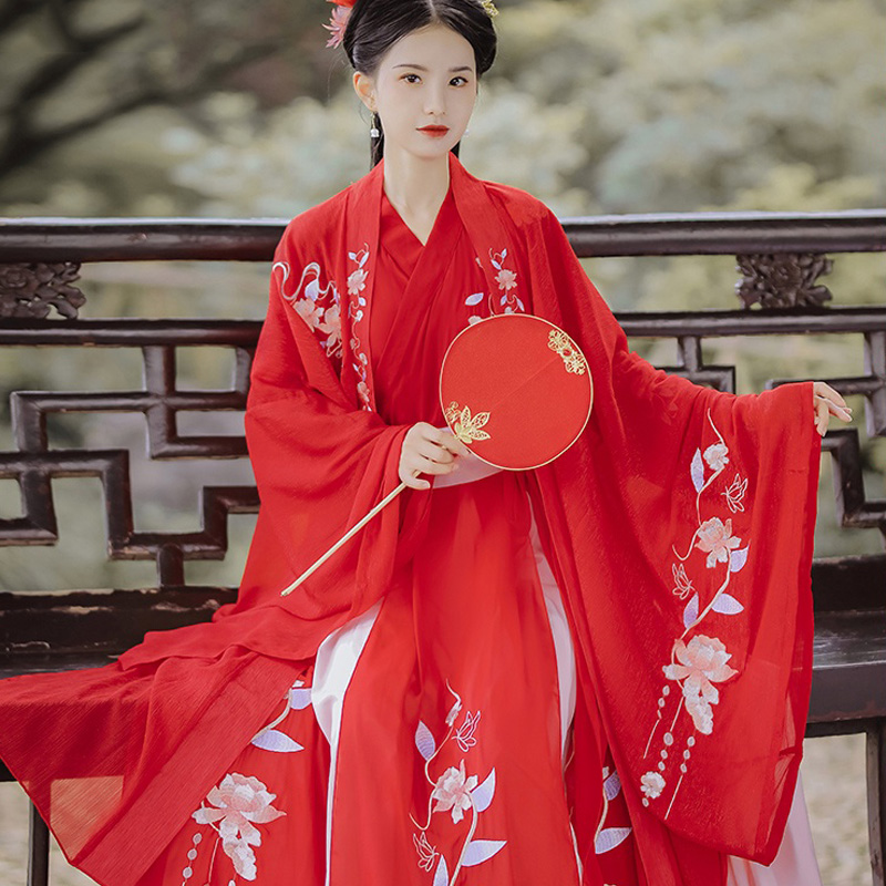 

Traditional Hanfu Female Chinese Style Red Bridal Wedding Dress Ancient Improved Embroidery Fairy Skirt Folk Dance Wear DL6387, 2 pieces set
